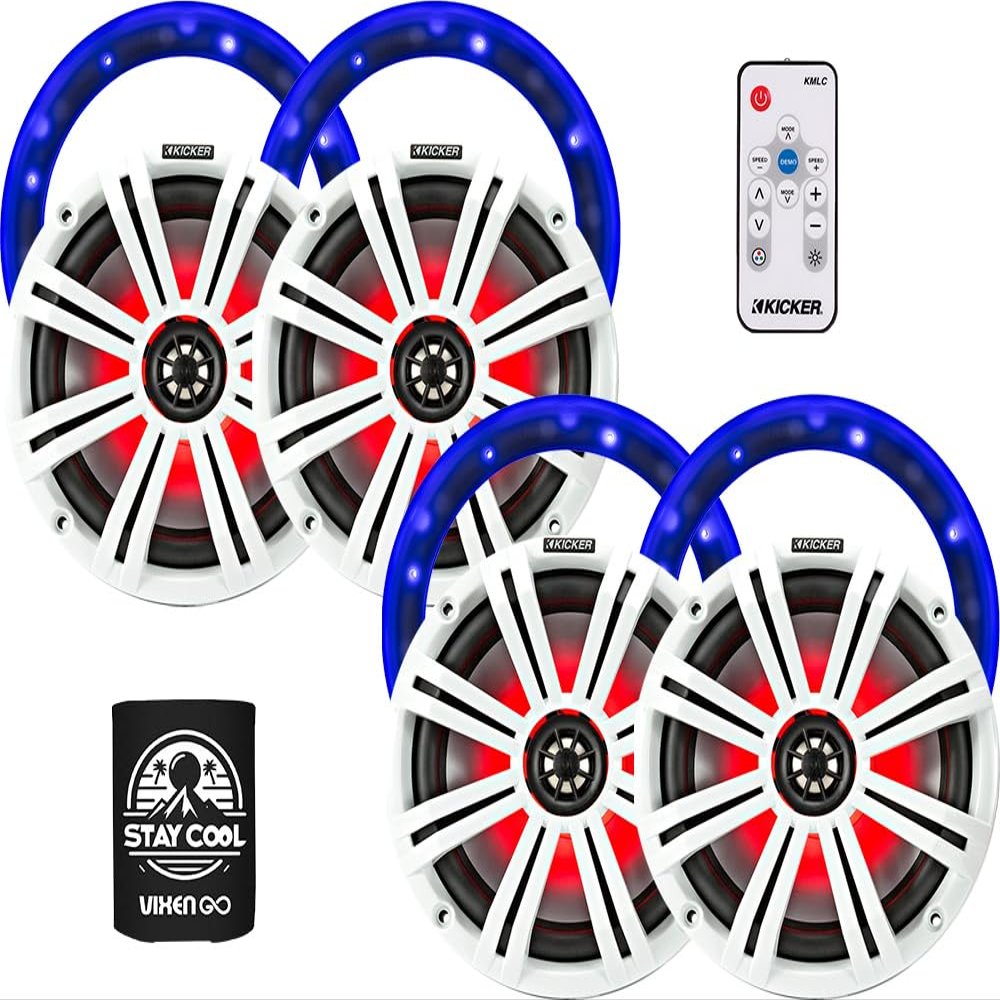 KICKER 6.5" Marine Speakers (2 Pairs) OEM Replacement Coaxial Speakers for Boat with White and Charcoal Grilles, LED Lights, LED Speaker Rings and Remote Control 45KM654L(2)+50KLSR65(2)+41KMLC
