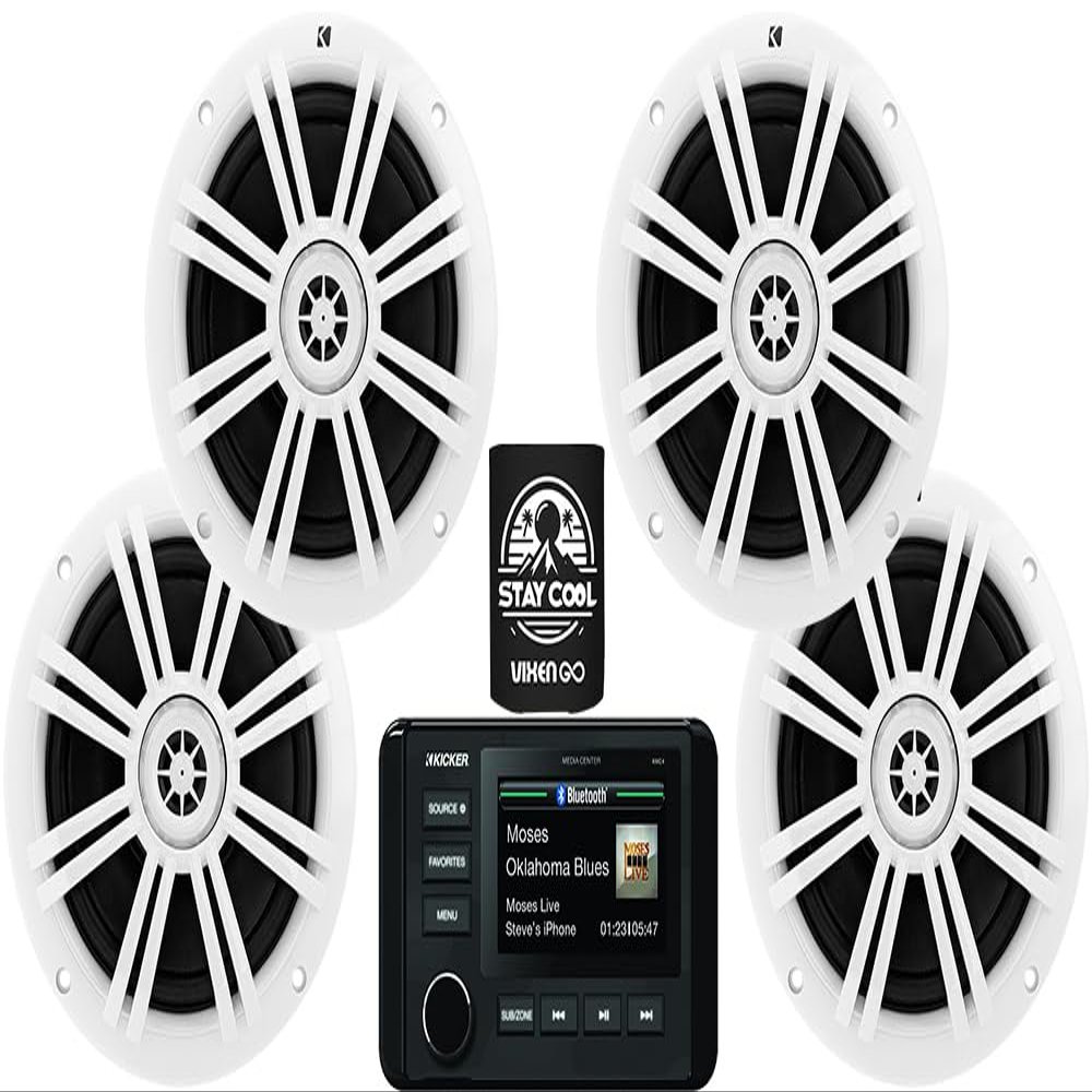 KICKER Marine Receiver and Speakers Package of 5 Items - in-Dash KM Series Digital Media Receiver & Four 6-1/2" KM Series 2-Way Speakers - Stereo Kit - 51KMC4 Receiver & 4X 41BKM604W Speakers