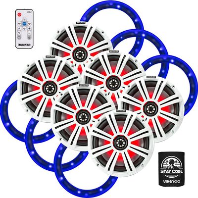 KICKER 6.5" Marine Speakers (3 Pairs) OEM Replacement Coaxial Speakers for Boat with White and Charcoal Grilles, LED Lights, LED Speaker Rings and Remote Control 45KM654L(3)+50KLSR65(3)+41KMLC