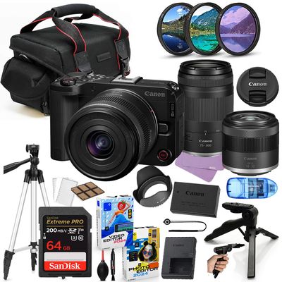 Canon EOS R50 V Mirrorless Camera with 14-30mm & 75-300mm Lens Bundle + Accessory Package Including 64GB Extreme Memory, Case, Filters, Photo-Video Software & More (27 Pieces) (Renewed)
