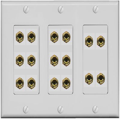 RiteAV 8.0 Surround Sound 8 Speaker 16 Banana Plug Jack Wall Plate Female Connectors - 3 Gang [Gray]