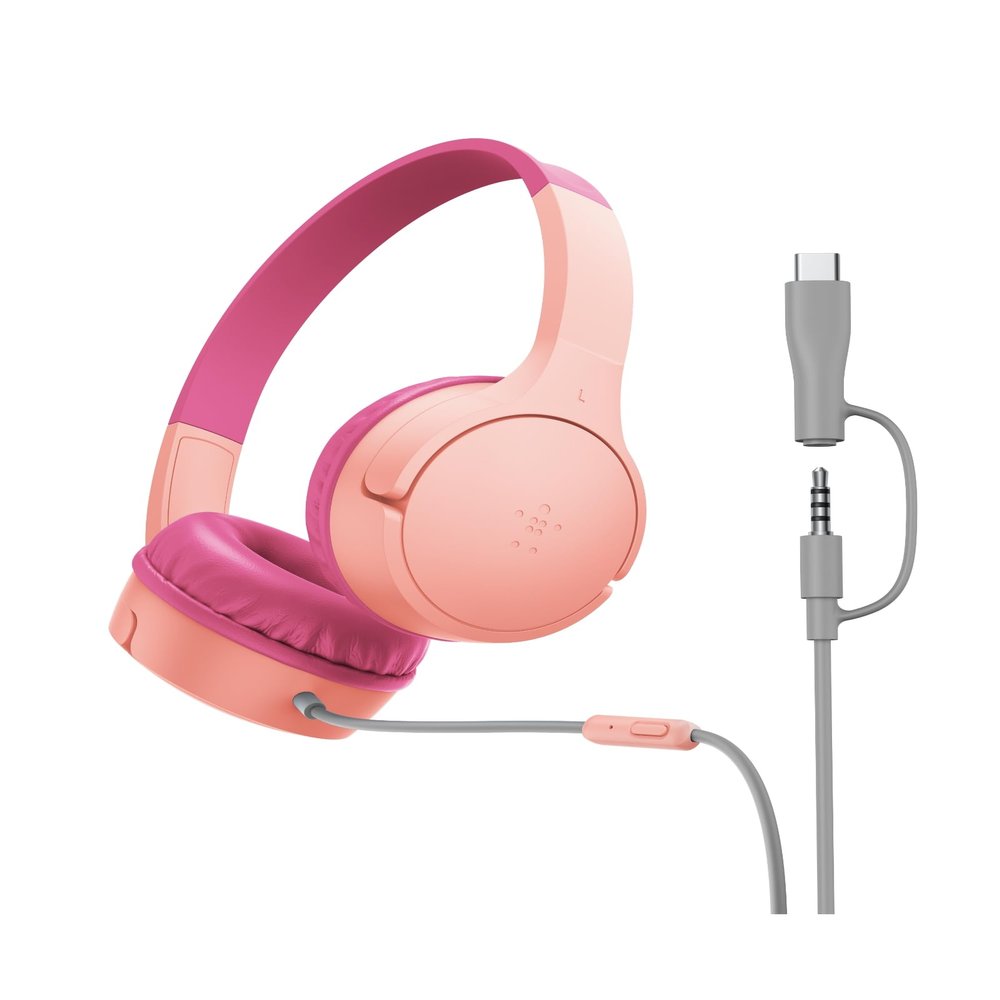 Belkin SoundForm Mini Kids Wired Headphones w/USB C to 3.5mm Dongle, Built-in Mic & Fun Stickers, 85dB Max Volume  for Online Learning, Travel, Compatible w/iPhone 16, iPad, Galaxy S25, etc - Pink