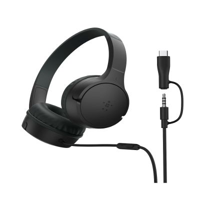 Belkin SoundForm Mini Kids Wired Headphones w/USB C to 3.5mm Dongle, Built-in Mic & Fun Stickers, 85dB Max Volume for Online Learning, Travel, Compatible w/iPhone 16, iPad, Galaxy S25, etc - Black