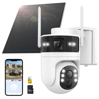 Voxblend 4G LTE Cellular Solar Security Camera Wireless Outdoor: Dual-Lens Cmara, Pan and Tilt, 360 Live View, with SIM Card and 32GB SD Card, No WiFi, 2K Color Night Vision, 2 Way Talk, PIR Motion