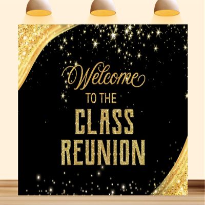 10X8ft Fabric Class Reunion Backdrop Welcome to The Reunion Party Golden and Black Background 20th 30th 40th High School Welcome Back Photo Booth Banner