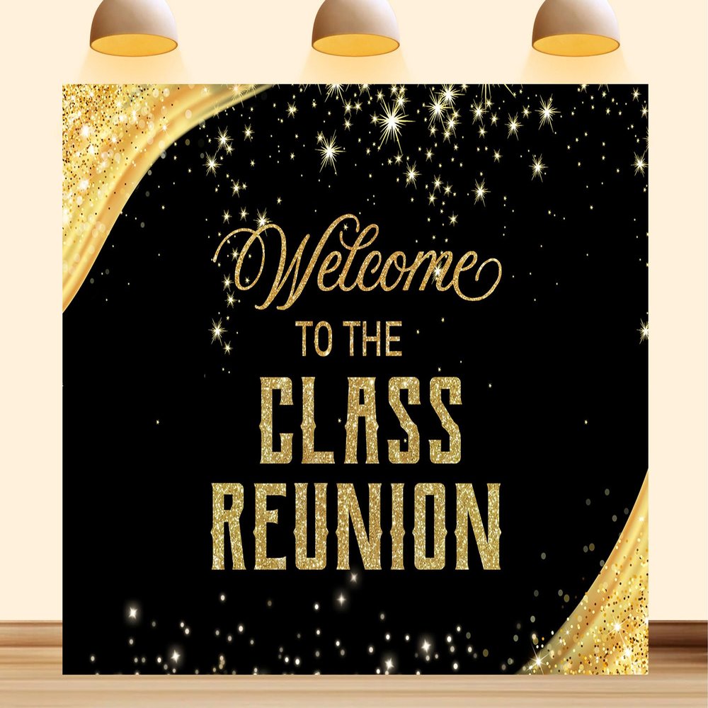 10X8ft Fabric Class Reunion Backdrop Welcome to The Reunion Party Golden and Black Background 20th 30th 40th High School Welcome Back Photo Booth Banner
