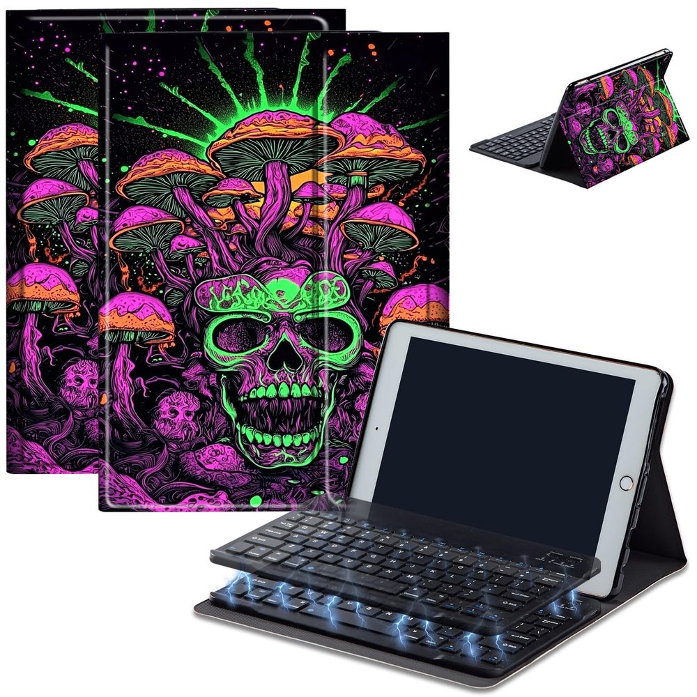 Bluetooth Keyboard Case for Fire HD 8/8 Plus (10th/12th Gen, 2020/2022), Detachable Wireless Keyboard Cover with Stand, PU Leather Protective Case for Fire HD 8 Tablet 8 Inch, Skull Rose Mushroom