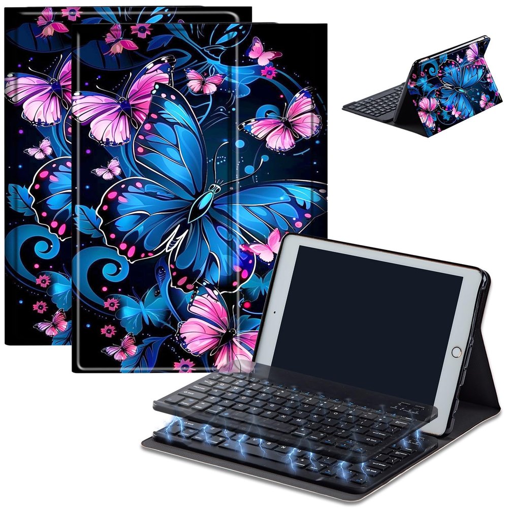 Bluetooth Keyboard Case for Fire HD 8/8 Plus (10th/12th Gen, 2020/2022), Detachable Wireless Keyboard Cover with Stand, PU Leather Protective Case for Fire HD 8 Tablet 8 Inch, Blue Pink Butterfly