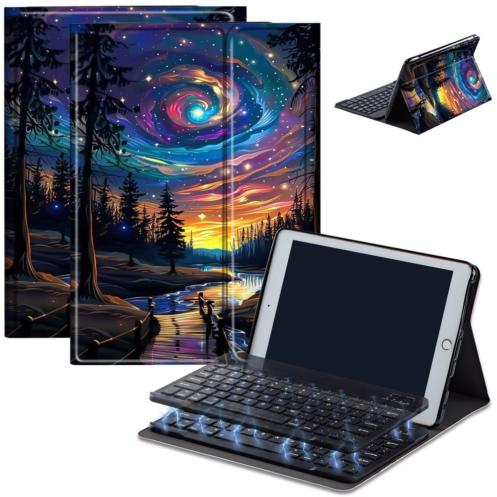 Bluetooth Keyboard Case for Fire HD 8/8 Plus (10th/12th Gen, 2020/2022), Detachable Wireless Keyboard Cover with Stand, PU Leather Protective Case for Fire HD 8 Tablet 8 Inch, Sci Fi Nebula Forest