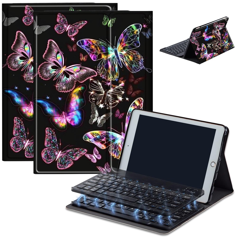 Bluetooth Keyboard Case for Fire HD 8/8 Plus (10th/12th Gen, 2020/2022), Detachable Wireless Keyboard Cover with Stand, PU Leather Protective Case for Fire HD 8 Tablet 8 Inch, Glowing Purple Butterfly