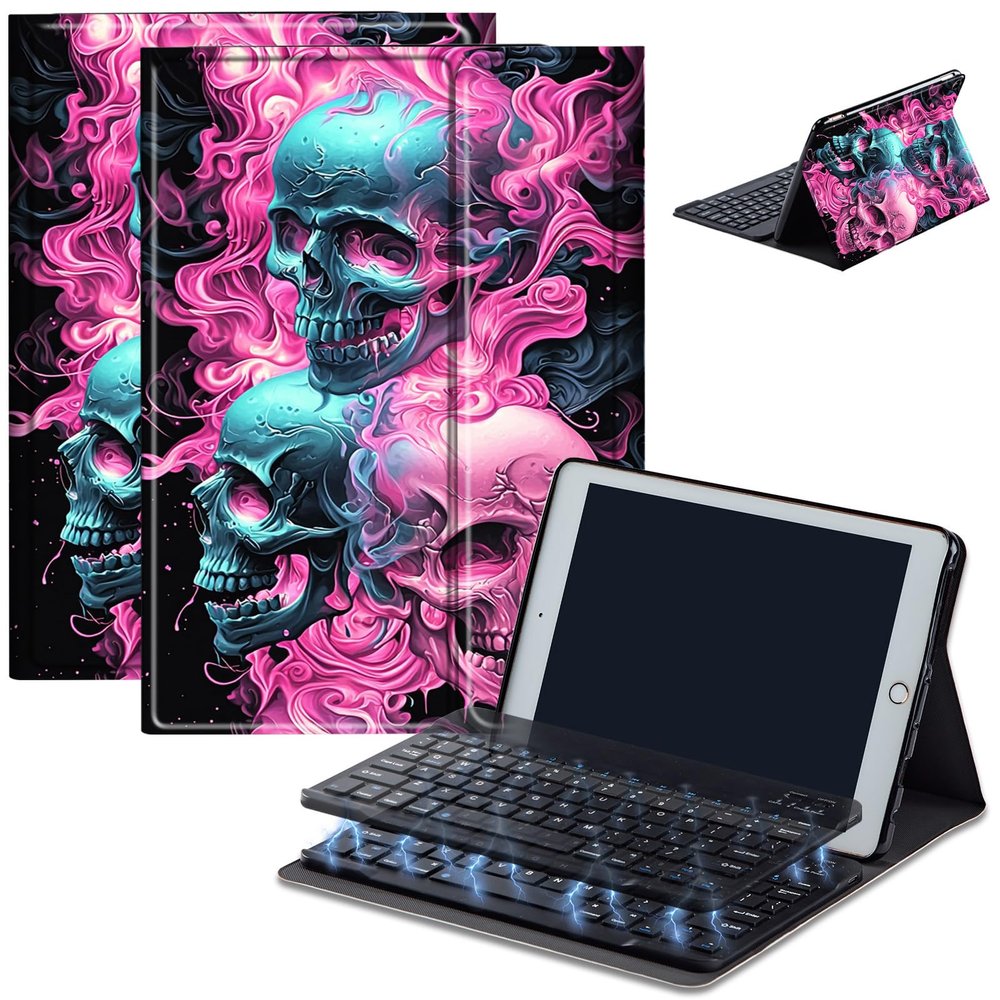 Bluetooth Keyboard Case for Fire HD 8/8 Plus (10th/12th Gen, 2020/2022), Detachable Wireless Keyboard Cover with Stand, PU Leather Protective Case for Fire HD 8 Tablet 8 Inch, Pink Skull