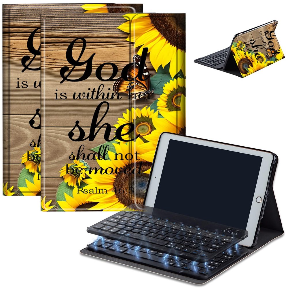 Bluetooth Keyboard Case for Fire HD 8/8 Plus (10th/12th Gen, 2020/2022), Detachable Wireless Keyboard Cover with Stand, PU Leather Protective Case for Fire HD 8 Tablet 8 Inch, Sunflower Butterflys
