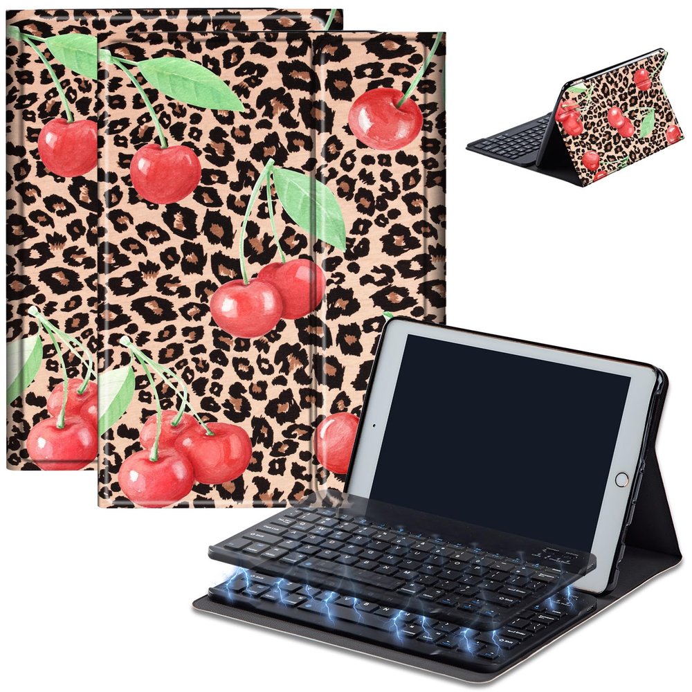 Bluetooth Keyboard Case for Fire HD 8/8 Plus (10th/12th Gen, 2020/2022), Detachable Wireless Keyboard Cover with Stand, PU Leather Protective Case for Fire HD 8 Tablet 8 Inch, Leopard Print Cherry