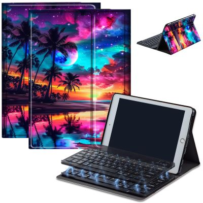 Bluetooth Keyboard Case for Fire HD 8/8 Plus (10th/12th Gen, 2020/2022), Detachable Wireless Keyboard Cover with Stand, PU Leather Protective Case for Fire HD 8 Tablet 8 Inch, Sunset Beach Tree