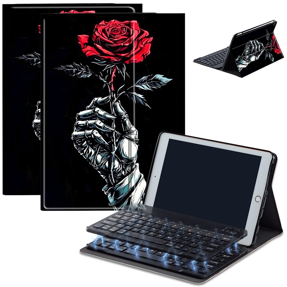 Bluetooth Keyboard Case for Fire HD 8/8 Plus (10th/12th Gen, 2020/2022), Detachable Wireless Keyboard Cover with Stand, PU Leather Protective Case for Fire HD 8 Tablet 8 Inch, Hand Bone Red Rose