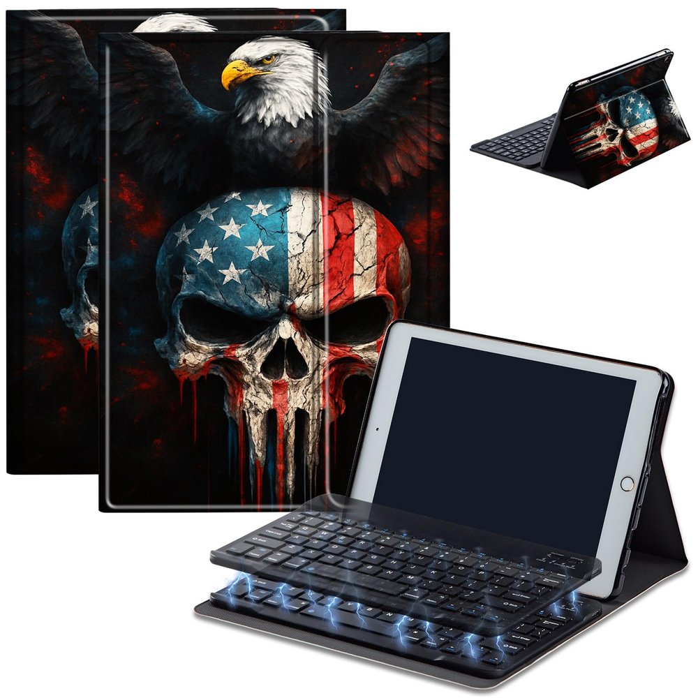 Bluetooth Keyboard Case for Fire Max 11 (13th Gen, 2023 Release), Detachable Wireless Keyboard Cover with Stand, PU Leather Protective Case for Fire Max 11 Tablet 11 Inch, Skull Eagle Flag