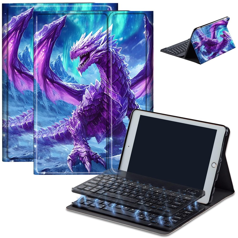 Bluetooth Keyboard Case for Fire HD 8/8 Plus (10th/12th Gen, 2020/2022), Detachable Wireless Keyboard Cover with Stand, PU Leather Protective Case for Fire HD 8 Tablet 8 Inch, Arctic Purple Dragon