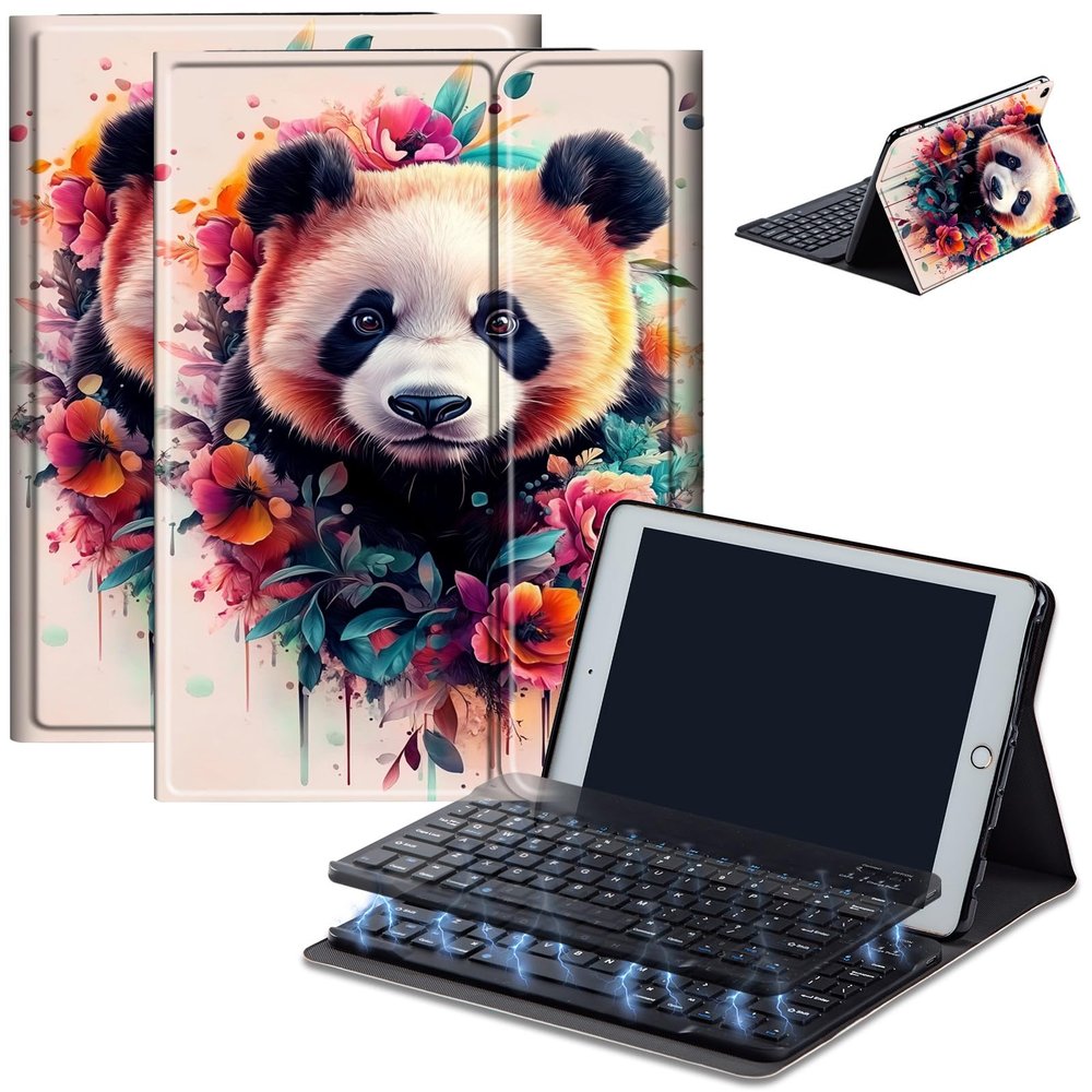 Bluetooth Keyboard Case for Fire HD 8/8 Plus (10th/12th Gen, 2020/2022), Detachable Wireless Keyboard Cover with Stand, PU Leather Protective Case for Fire HD 8 Tablet 8 Inch, Flower Panda
