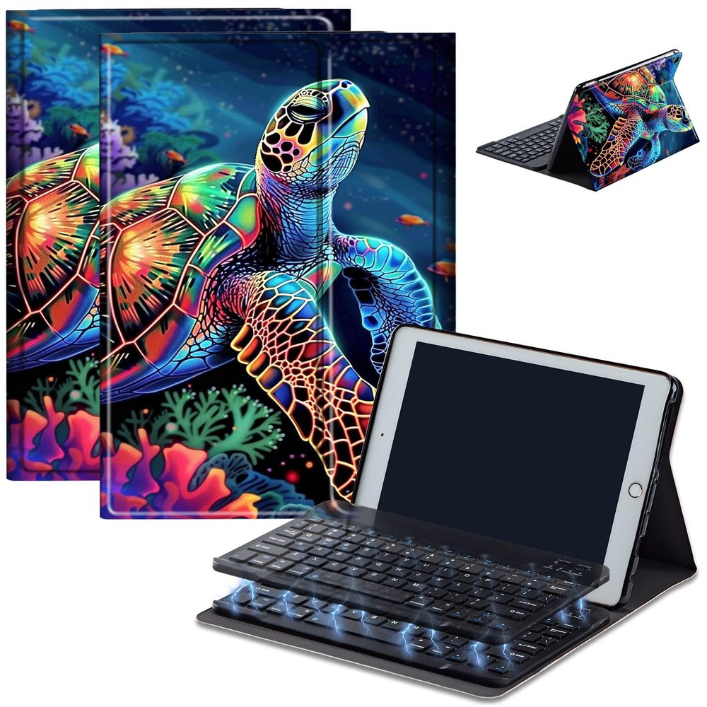 Bluetooth Keyboard Case for Fire HD 8/8 Plus (10th/12th Gen, 2020/2022), Detachable Wireless Keyboard Cover with Stand, PU Leather Protective Case for Fire HD 8 Tablet 8 Inch, Coral Turtle