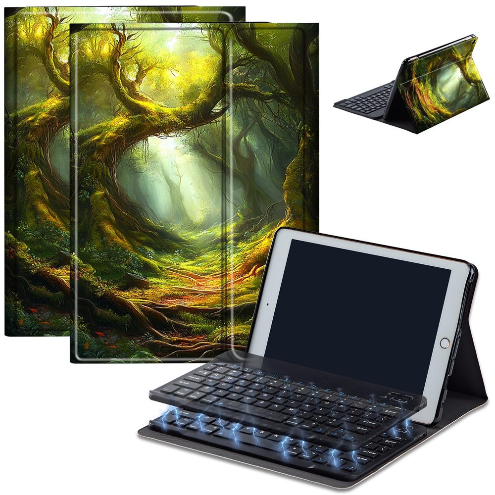 Bluetooth Keyboard Case for Fire HD 8/8 Plus (10th/12th Gen, 2020/2022), Detachable Wireless Keyboard Cover with Stand, PU Leather Protective Case for Fire HD 8 Tablet 8 Inch, Green Forest
