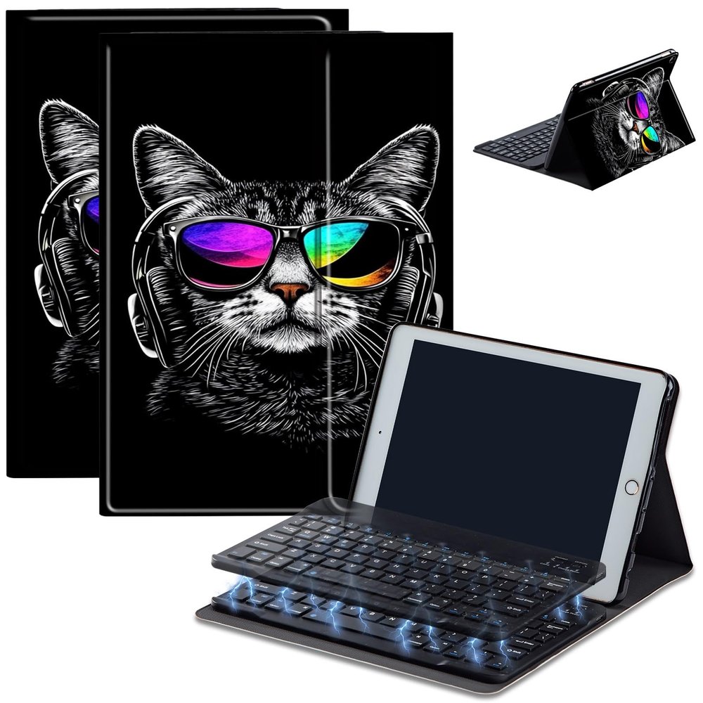 Bluetooth Keyboard Case for Fire HD 8/8 Plus (10th/12th Gen, 2020/2022), Detachable Wireless Keyboard Cover with Stand, PU Leather Protective Case for Fire HD 8 Tablet 8 Inch, Eye Dj Cat