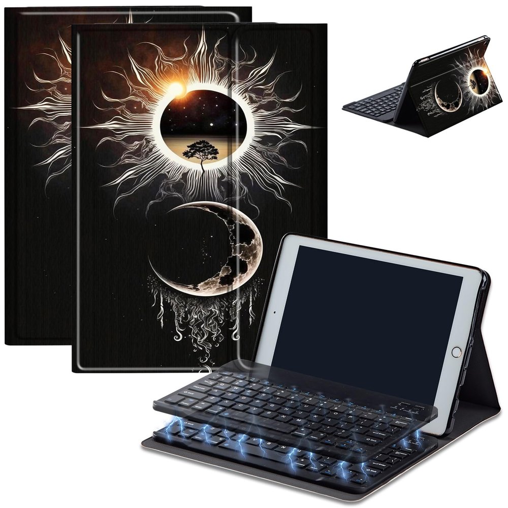 Bluetooth Keyboard Case for Fire HD 8/8 Plus (10th/12th Gen, 2020/2022), Detachable Wireless Keyboard Cover with Stand, PU Leather Protective Case for Fire HD 8 Tablet 8 Inch, Sun Moon Tree