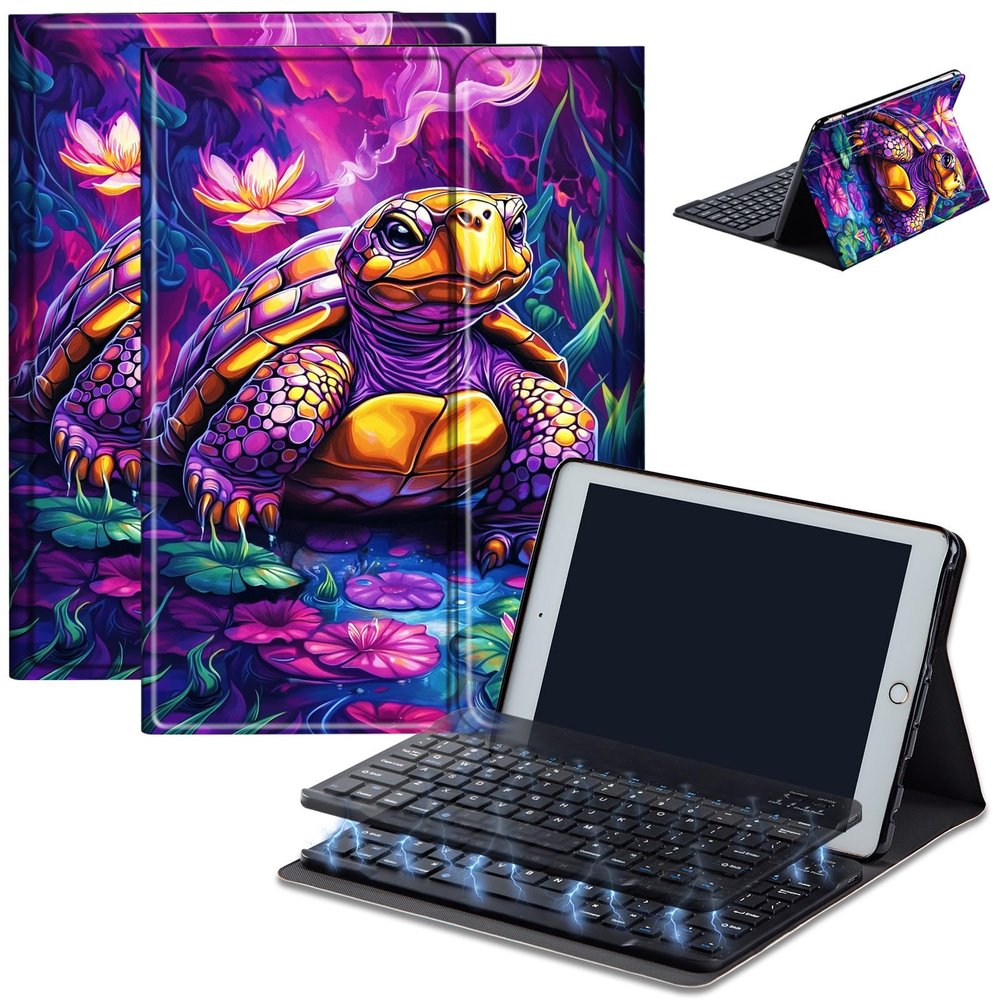 Bluetooth Keyboard Case for Fire HD 8/8 Plus (10th/12th Gen, 2020/2022), Detachable Wireless Keyboard Cover with Stand, PU Leather Protective Case for Fire HD 8 Tablet 8 Inch, Lotus Turtle