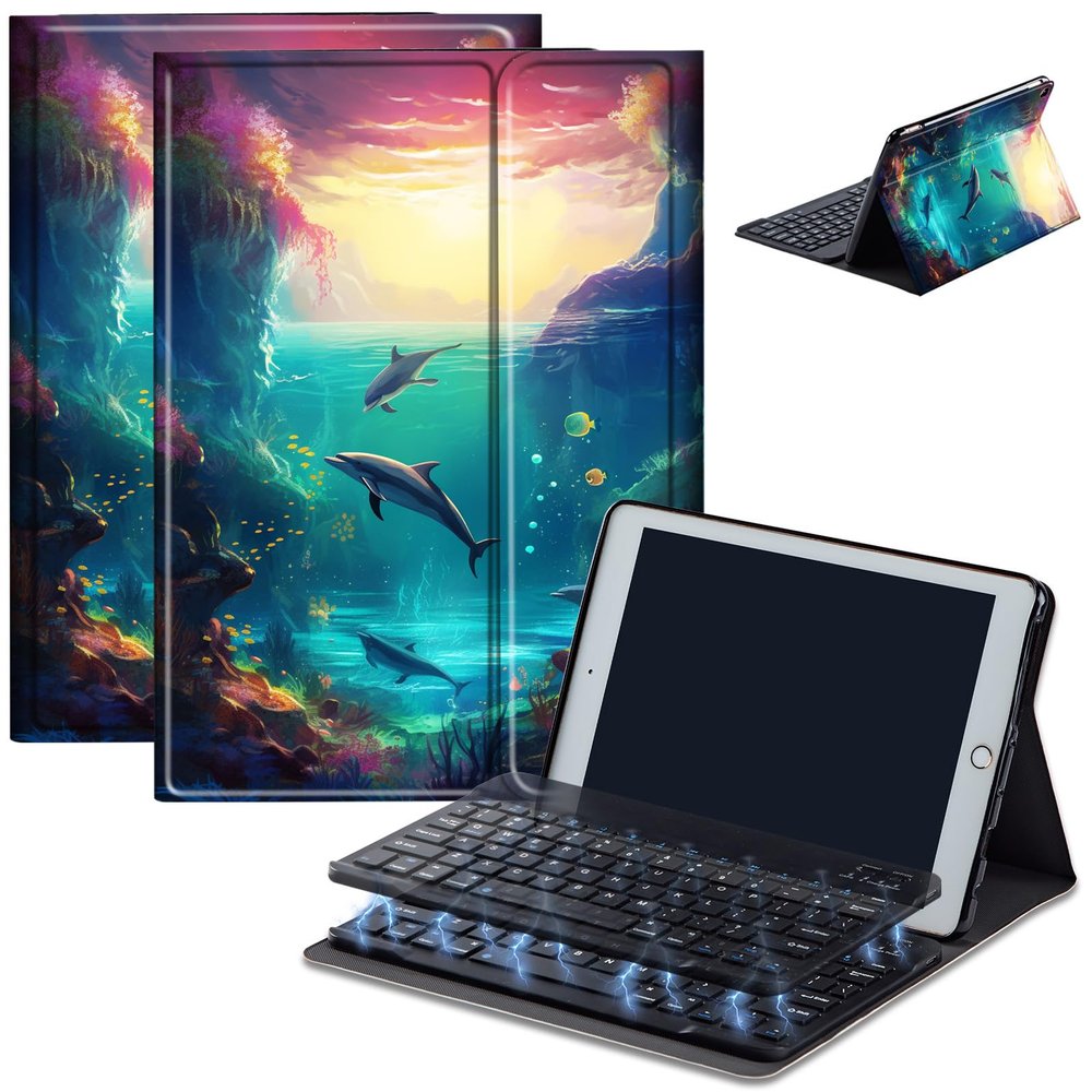 Bluetooth Keyboard Case for Fire HD 8/8 Plus (10th/12th Gen, 2020/2022), Detachable Wireless Keyboard Cover with Stand, PU Leather Protective Case for Fire HD 8 Tablet 8 Inch, Dolphin