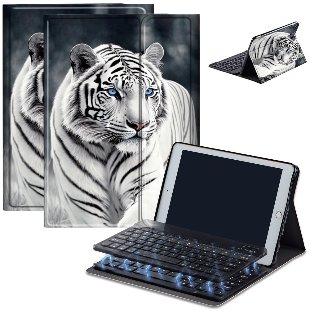 Bluetooth Keyboard Case for Fire HD 8/8 Plus (10th/12th Gen, 2020/2022), Detachable Wireless Keyboard Cover with Stand, PU Leather Protective Case for Fire HD 8 Tablet 8 Inch, White Tiger