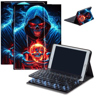 AIRWEE Keyboard Case for iPad Air 11 inch (M3/M2, 2025/2024) & for iPad Air 5th/4th Gen 10.9" with Detachable Bluetooth, Durable PU Leather MultiAngle Stand Protective Case, Flame Skull Skeleton