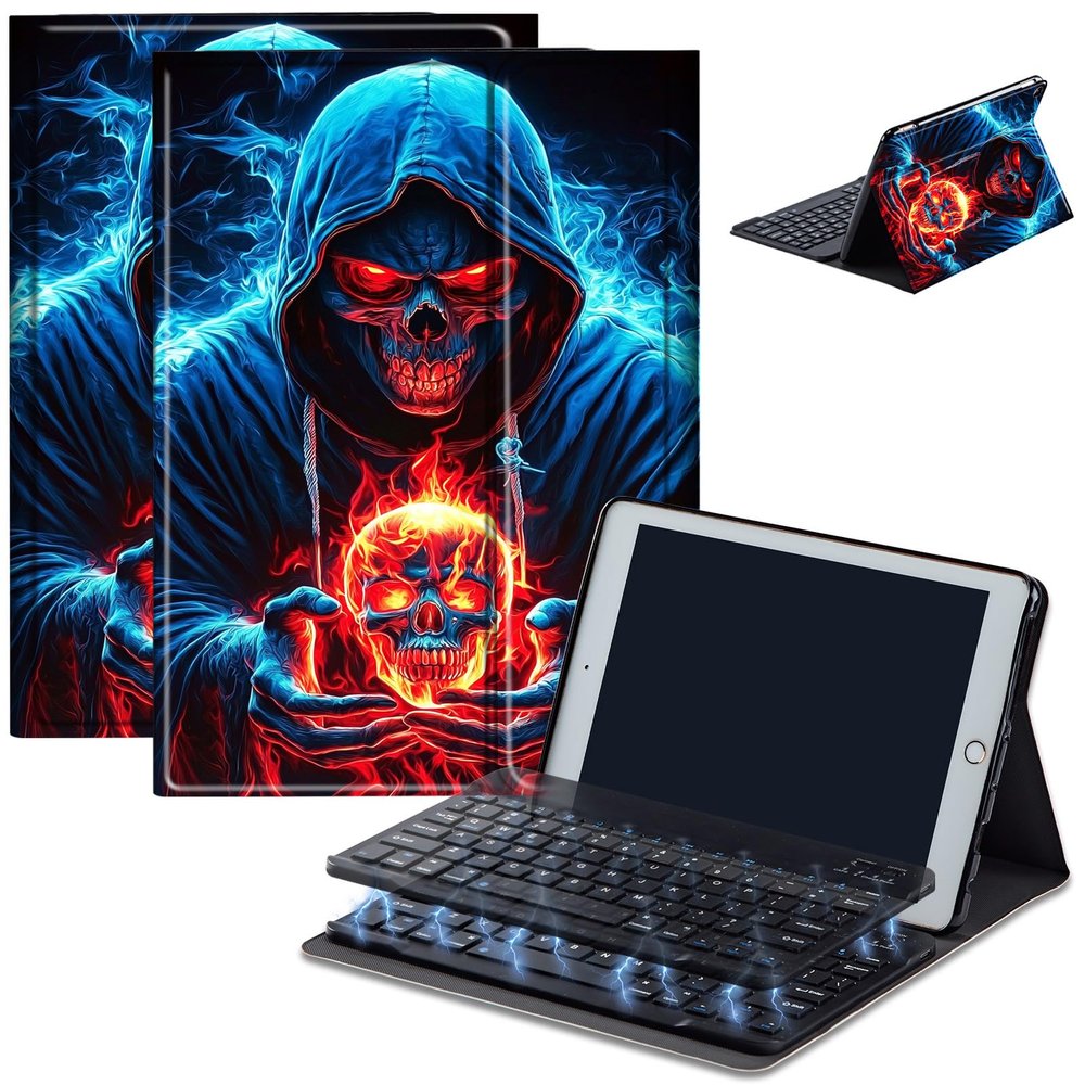 AIRWEE Keyboard Case for iPad Air 11 inch (M3/M2, 2025/2024) & for iPad Air 5th/4th Gen 10.9" with Detachable Bluetooth, Durable PU Leather MultiAngle Stand Protective Case, Flame Skull Skeleton