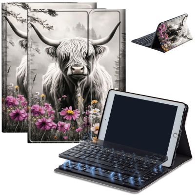 AIRWEE Keyboard Case for iPad Air 11 inch (M3/M2, 2025/2024) & for iPad Air 5th/4th Gen 10.9" with Detachable Bluetooth, Durable PU Leather MultiAngle Stand Protective Case, Flower Highland Cattle
