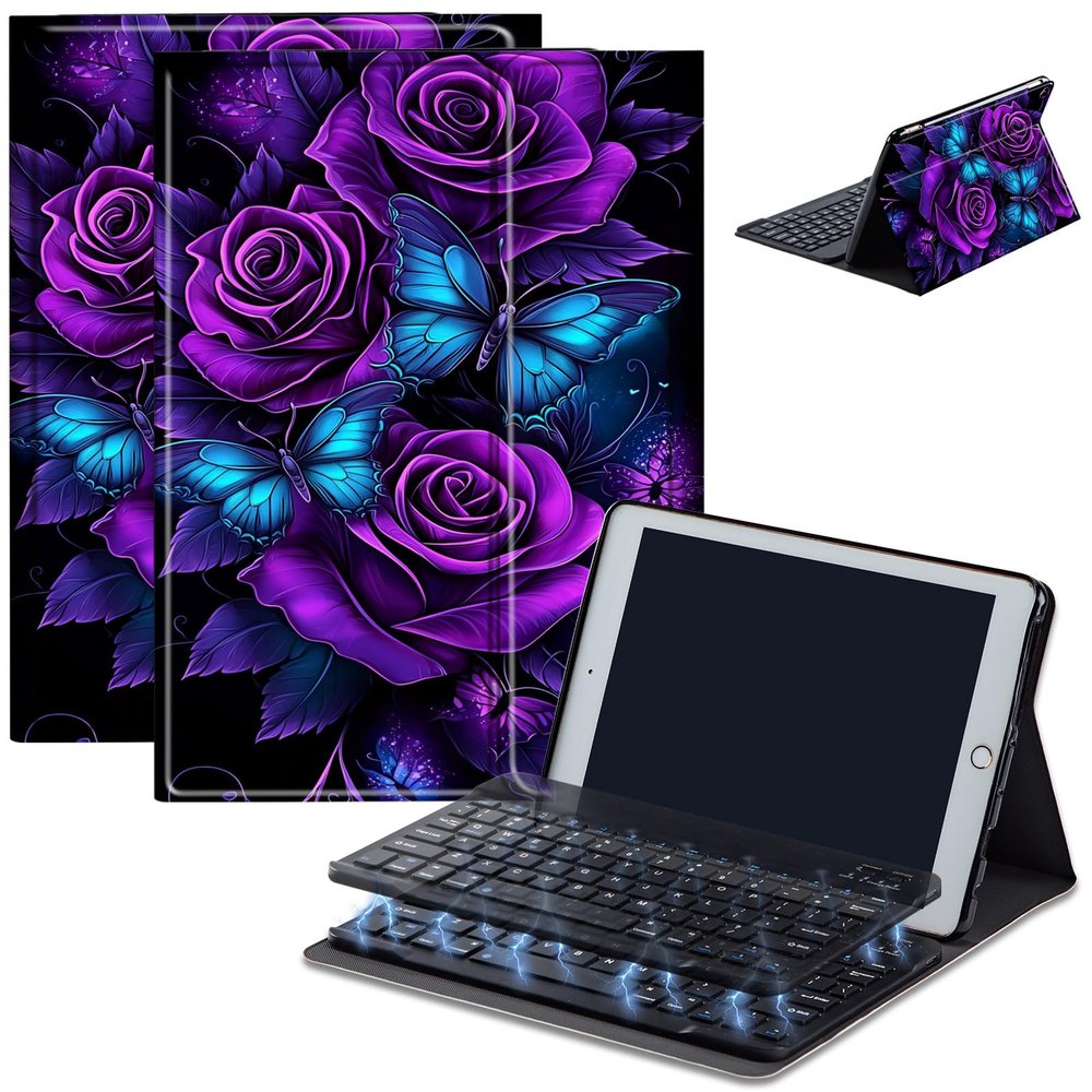 Bluetooth Keyboard Case for Fire HD 8/8 Plus (10th/12th Gen, 2020/2022), Detachable Wireless Keyboard Cover with Stand, PU Leather Protective Case for Fire HD 8 Tablet 8 Inch, Purple Rose Butterfly
