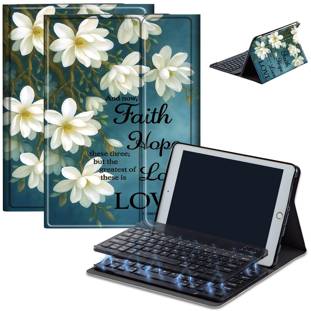 Bluetooth Keyboard Case for iPad 10.2 (7th/8th/9th Gen, 2019/2020/2021), Detachable Wireless Keyboard Cover with MultiAngle Stand, PU Leather Protective Case for iPad 10.2", Flower Bible 18-18