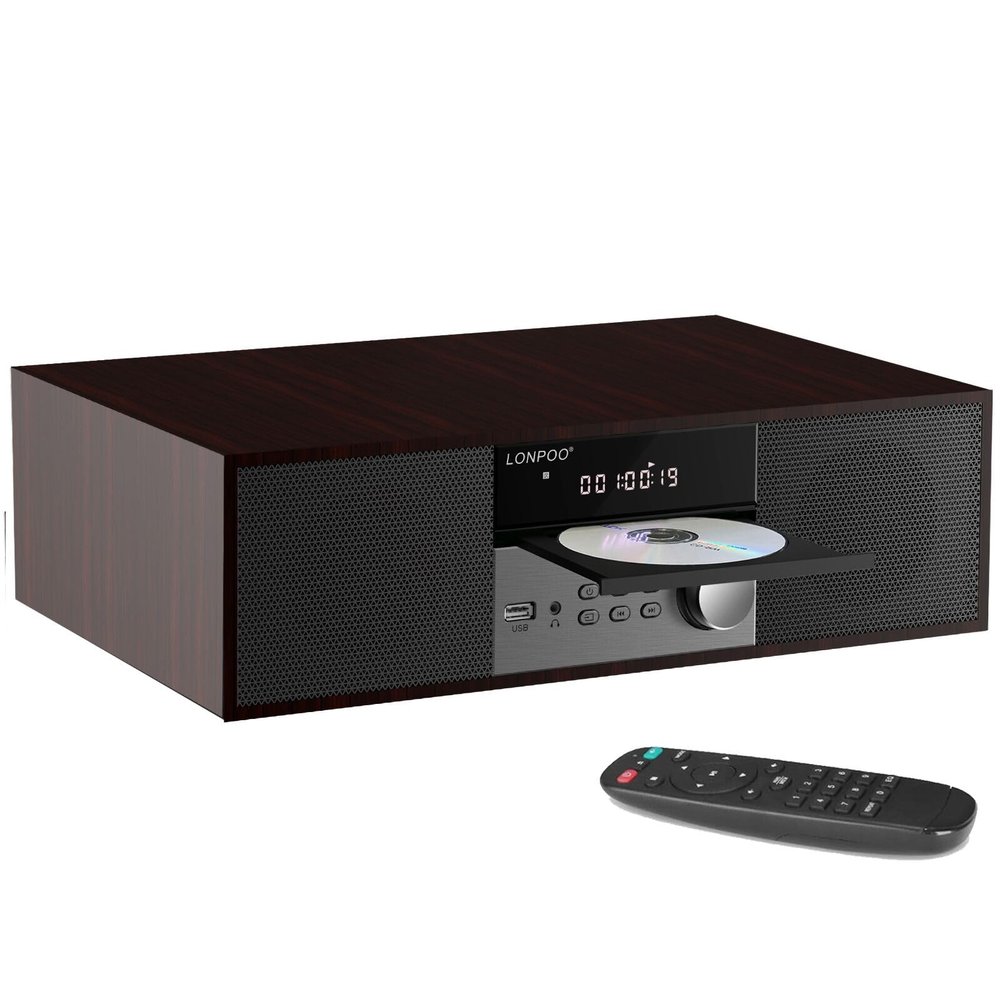 LONPOO Stereo Shelf System for Home, Vintage CD Player 40W RMS Micro Mini System with Remote Control, Bluetooth, FM Radio, USB MP3 Playback & Aux-in,Brown