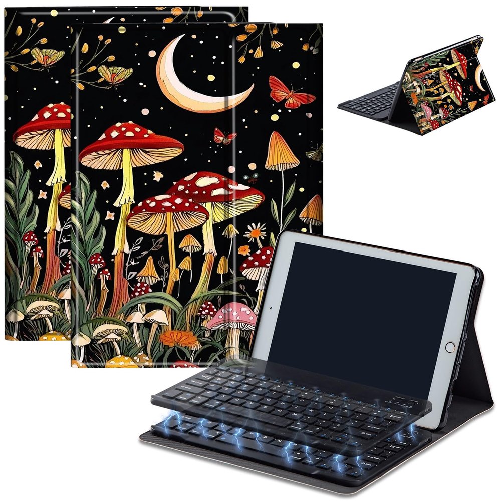 AIRWEE Keyboard Case for iPad Air 11 inch (M3/M2, 2025/2024) & for iPad Air 5th/4th Gen 10.9" with Detachable Bluetooth, Durable PU Leather MultiAngle Stand Protective Case, Mushroom Moon