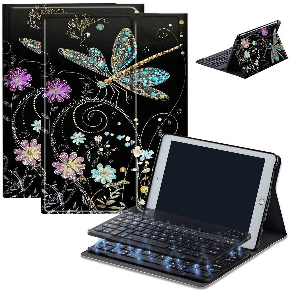 AIRWEE Keyboard Case for iPad Air 11 inch (M3/M2, 2025/2024) & for iPad Air 5th/4th Gen 10.9" with Detachable Bluetooth, Durable PU Leather MultiAngle Stand Protective Case, Flower Dragonfly