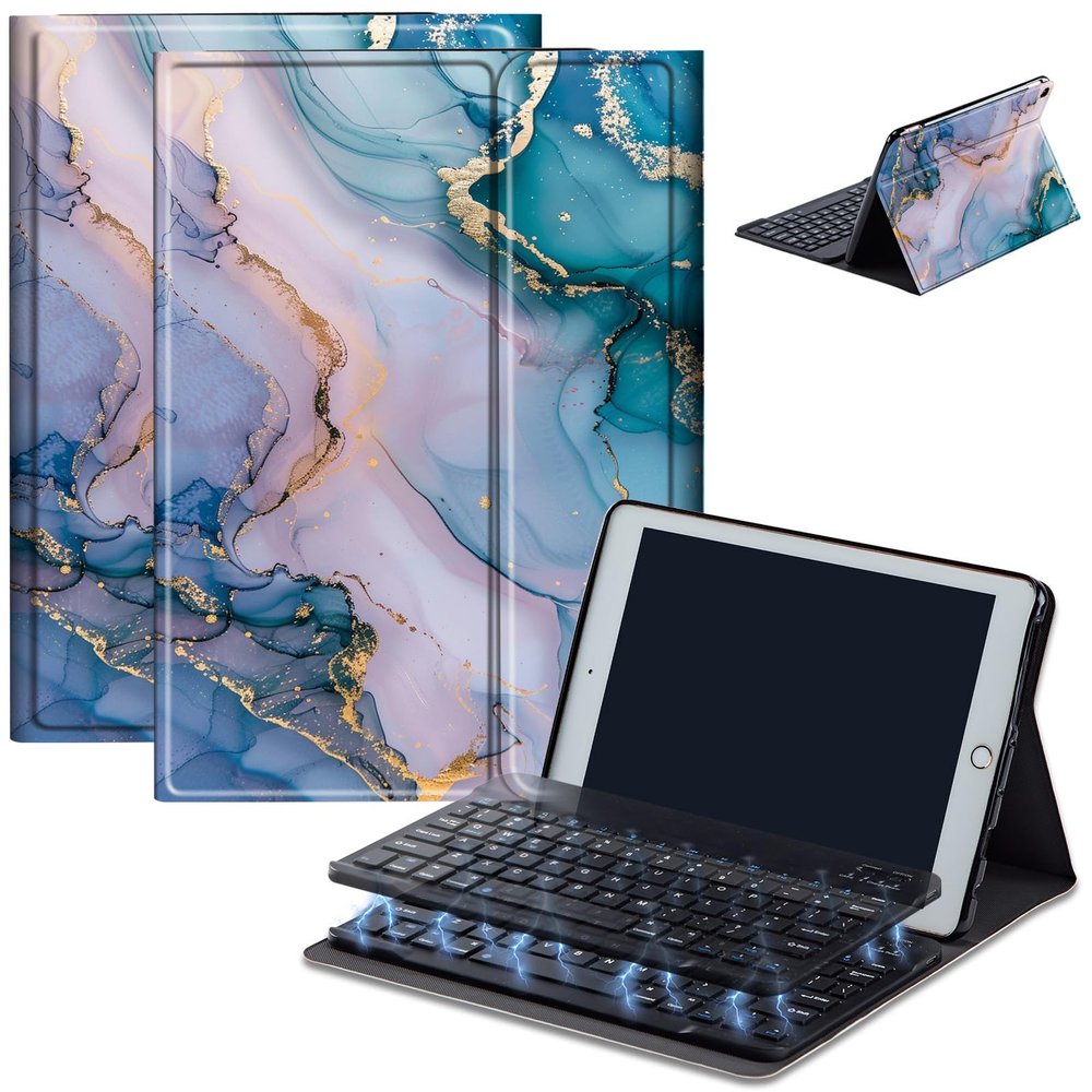 AIRWEE Keyboard Case for iPad Air 11 inch (M3/M2, 2025/2024) & for iPad Air 5th/4th Gen 10.9" with Detachable Bluetooth, Durable PU Leather MultiAngle Stand Protective Case, Blue Marble