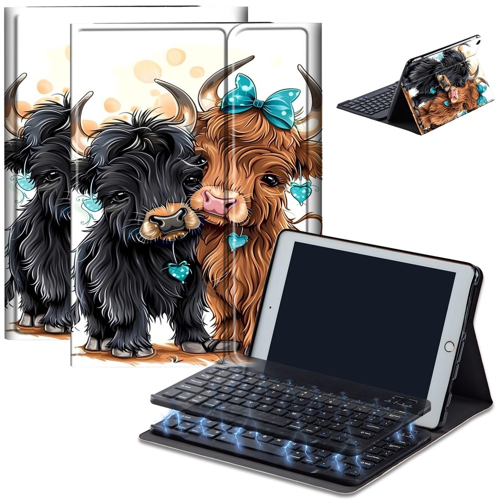 AIRWEE Keyboard Case for iPad Air 11 inch (M3/M2, 2025/2024) & for iPad Air 5th/4th Gen 10.9" with Detachable Bluetooth, Durable PU Leather MultiAngle Stand Protective Case, Cute Cow