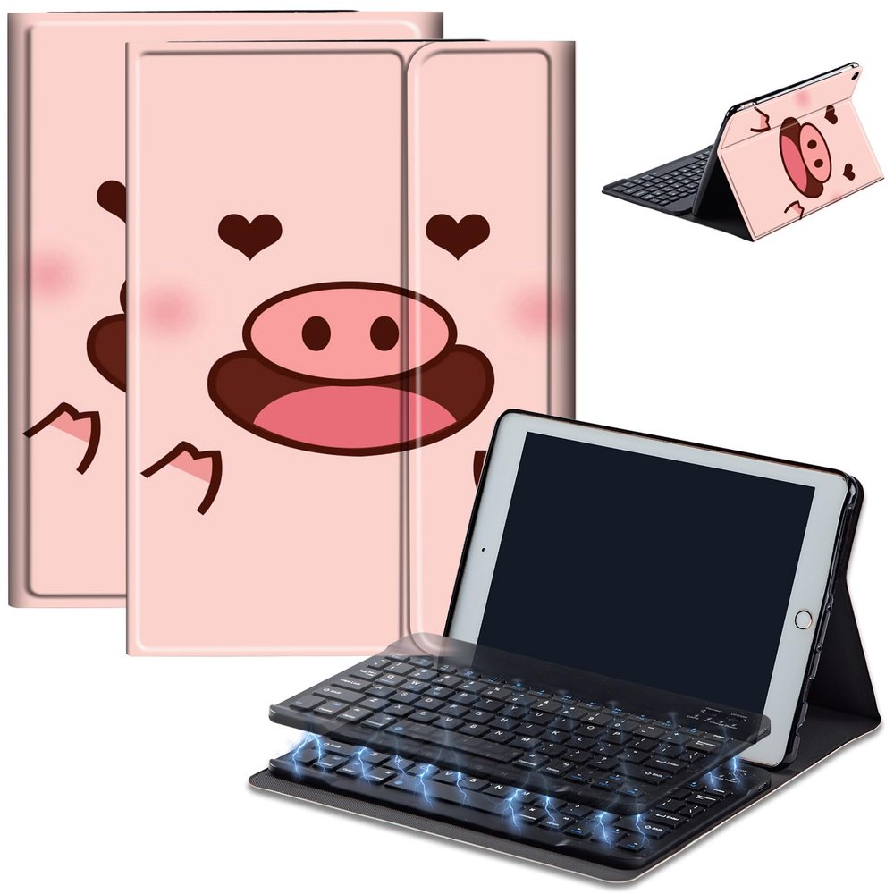AIRWEE Keyboard Case for iPad Air 11 inch (M3/M2, 2025/2024) & for iPad Air 5th/4th Gen 10.9" with Detachable Bluetooth, Durable PU Leather MultiAngle Stand Protective Case, Cute Pink Pig