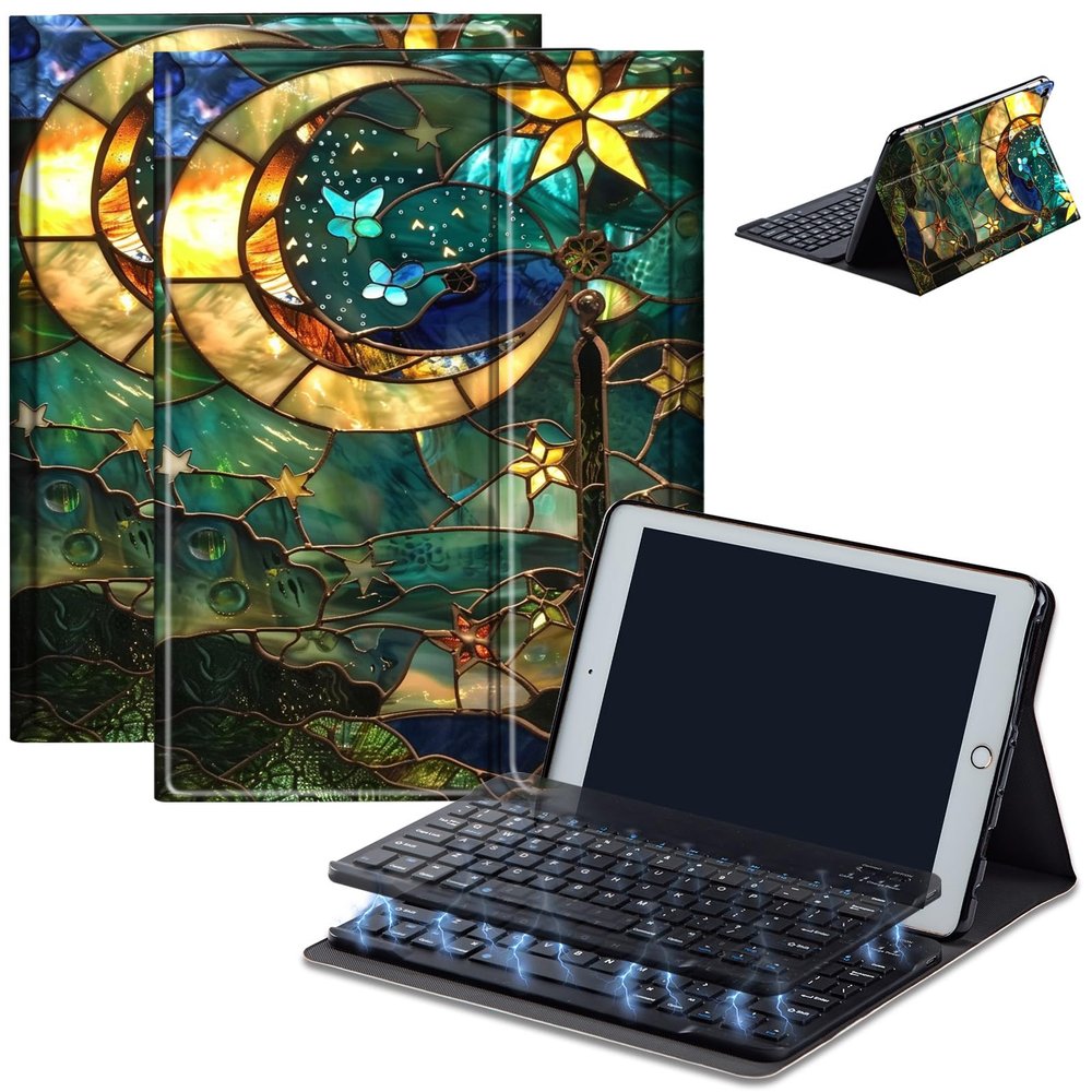 Bluetooth Keyboard Case for Fire HD 8/8 Plus (10th/12th Gen, 2020/2022), Detachable Wireless Keyboard Cover with Stand, PU Leather Protective Case for Fire HD 8 Tablet 8 Inch, Glass Moon Star