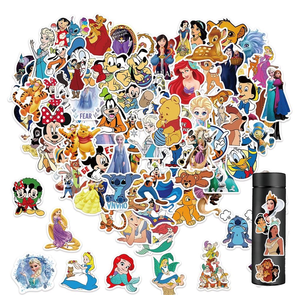 100 Pcs Cartoon Disney Stickers for Water Bottle, Helmet, Laptop, Phone, Princess Decals Gifts, Party Favors, Cartoon Movie Characters Sticker Decorations for Kids Teens Boy (Dsn)
