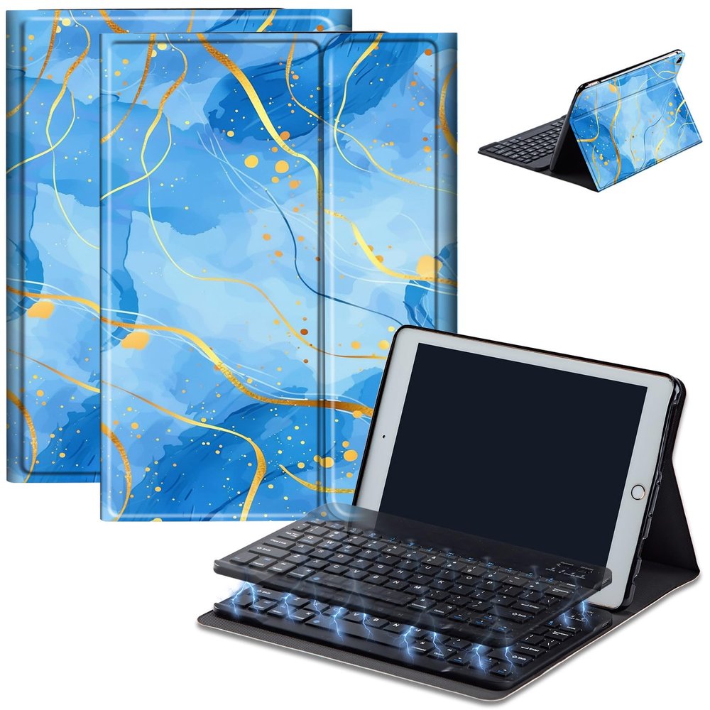 AIRWEE Keyboard Case for iPad Air 11 inch (M3/M2, 2025/2024) & for iPad Air 5th/4th Gen 10.9" with Detachable Bluetooth, Durable PU Leather MultiAngle Stand Protective Case, Blue Marble 1