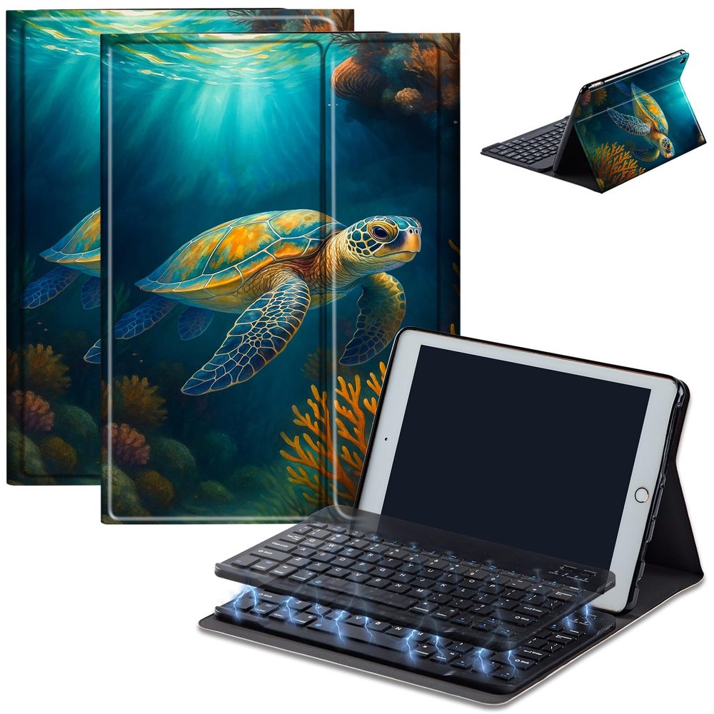 AIRWEE Keyboard Case for iPad Air 11 inch (M3/M2, 2025/2024) & for iPad Air 5th/4th Gen 10.9" with Detachable Bluetooth, Durable PU Leather MultiAngle Stand Protective Case, Sea Turtle