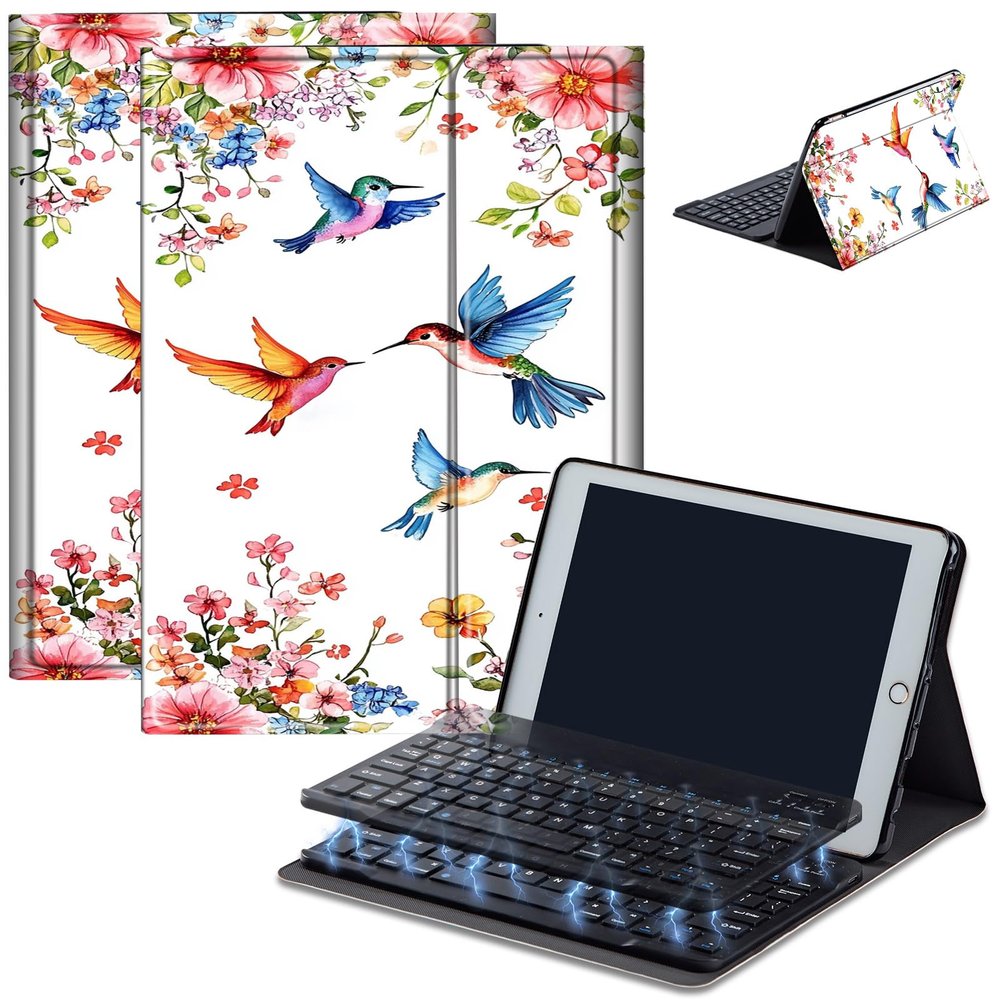 AIRWEE Keyboard Case for iPad Air 11 inch (M3/M2, 2025/2024) & for iPad Air 5th/4th Gen 10.9" with Detachable Bluetooth, Durable PU Leather MultiAngle Stand Protective Case, Bird and Flowers