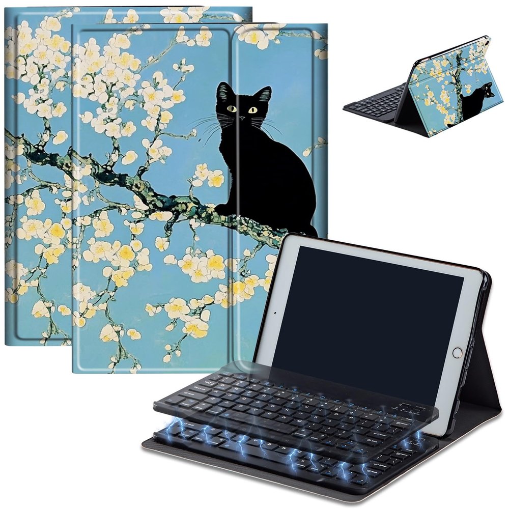 Bluetooth Keyboard Case for Fire HD 8/8 Plus (10th/12th Gen, 2020/2022), Detachable Wireless Keyboard Cover with Stand, PU Leather Protective Case for Fire HD 8 Tablet 8 Inch, Apricot Flower Black Cat