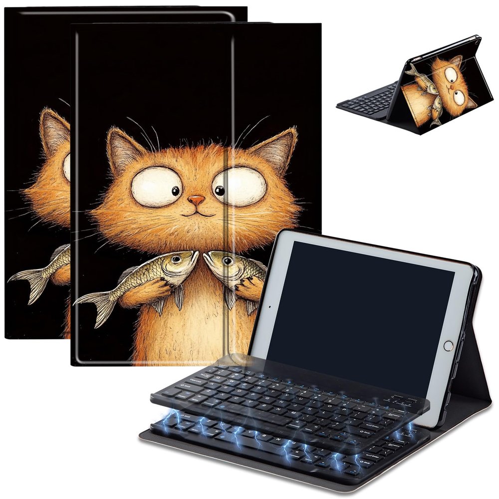 AIRWEE Keyboard Case for iPad Air 11 inch (M3/M2, 2025/2024) & for iPad Air 5th/4th Gen 10.9" with Detachable Bluetooth, Durable PU Leather MultiAngle Stand Protective Case, Fish Cat