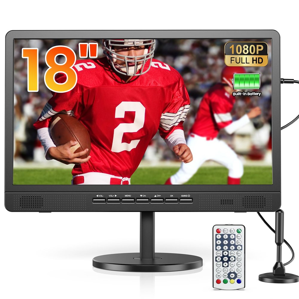 Desobry 18.5" Portable TV with Antenna, 6000mAh Built-in Power Operated TV, 12 Volt Small TV Support HDMI/AV/USB/Headphone Jack InputPortable T V for Camping, RV, Patio, Kitchen, Indoor, Outdoor