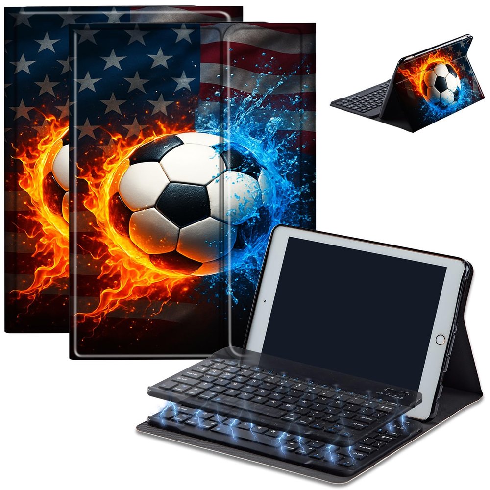 AIRWEE Keyboard Case for iPad Air 11 inch (M3/M2, 2025/2024) & for iPad Air 5th/4th Gen 10.9" with Detachable Bluetooth, Durable PU Leather MultiAngle Stand Protective Case, Flag Soccer Ball