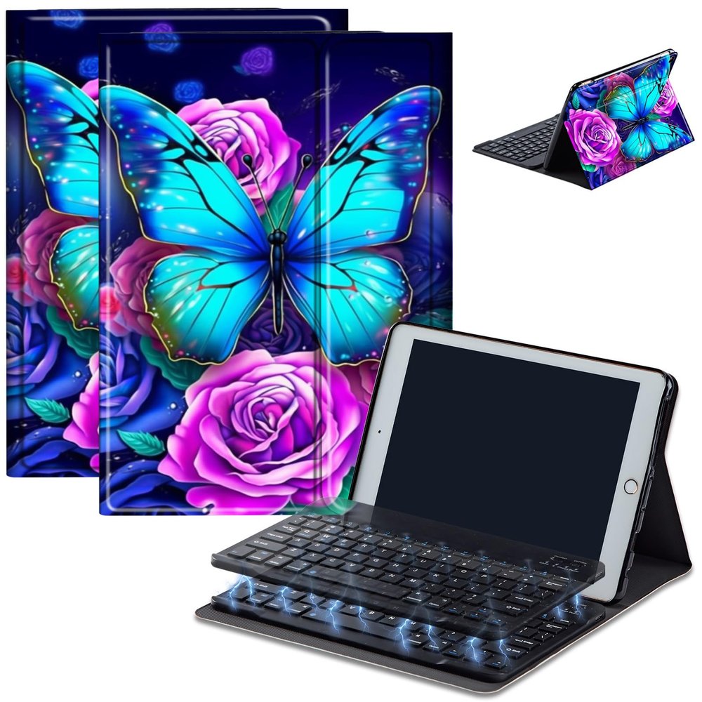 AIRWEE Keyboard Case for iPad Air 11 inch (M3/M2, 2025/2024) & for iPad Air 5th/4th Gen 10.9" with Detachable Bluetooth, Durable PU Leather MultiAngle Stand Protective Case, Blue Butterfly Rose
